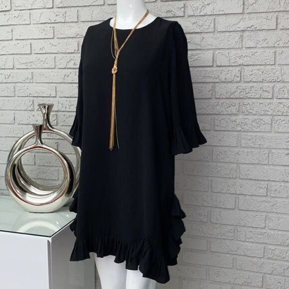Alfani Black Pleated Ruffle Sleeve Shift Dress Size M - Picture 1 of 11